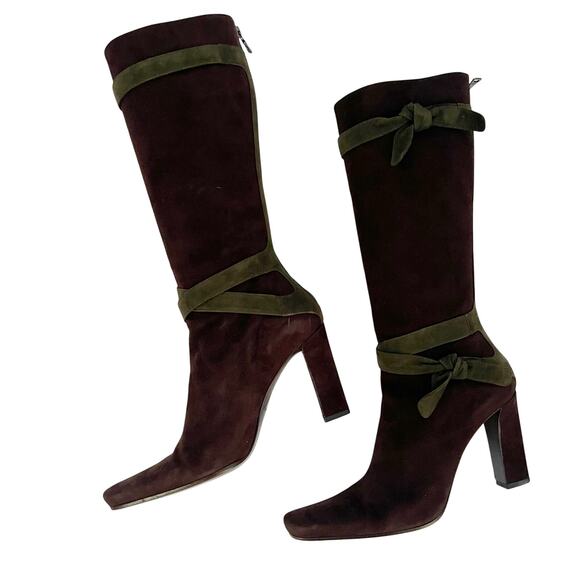 Vintage Prada Brown Green Suede Tie Strap Two-Tone Knee High Block Heel Boots 38 - Picture 4 of 12
